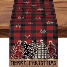 1pc Black & Red Plaid Christmas Tree & Snowflake Christmas Table Runner, Farmhouse Kitchen Dining Table Decor, Indoor Outdoor Home Decoration, Party Supplies, Size: 13x35/13x47/13x72/13x90/13x108 Inches, Winter Holiday