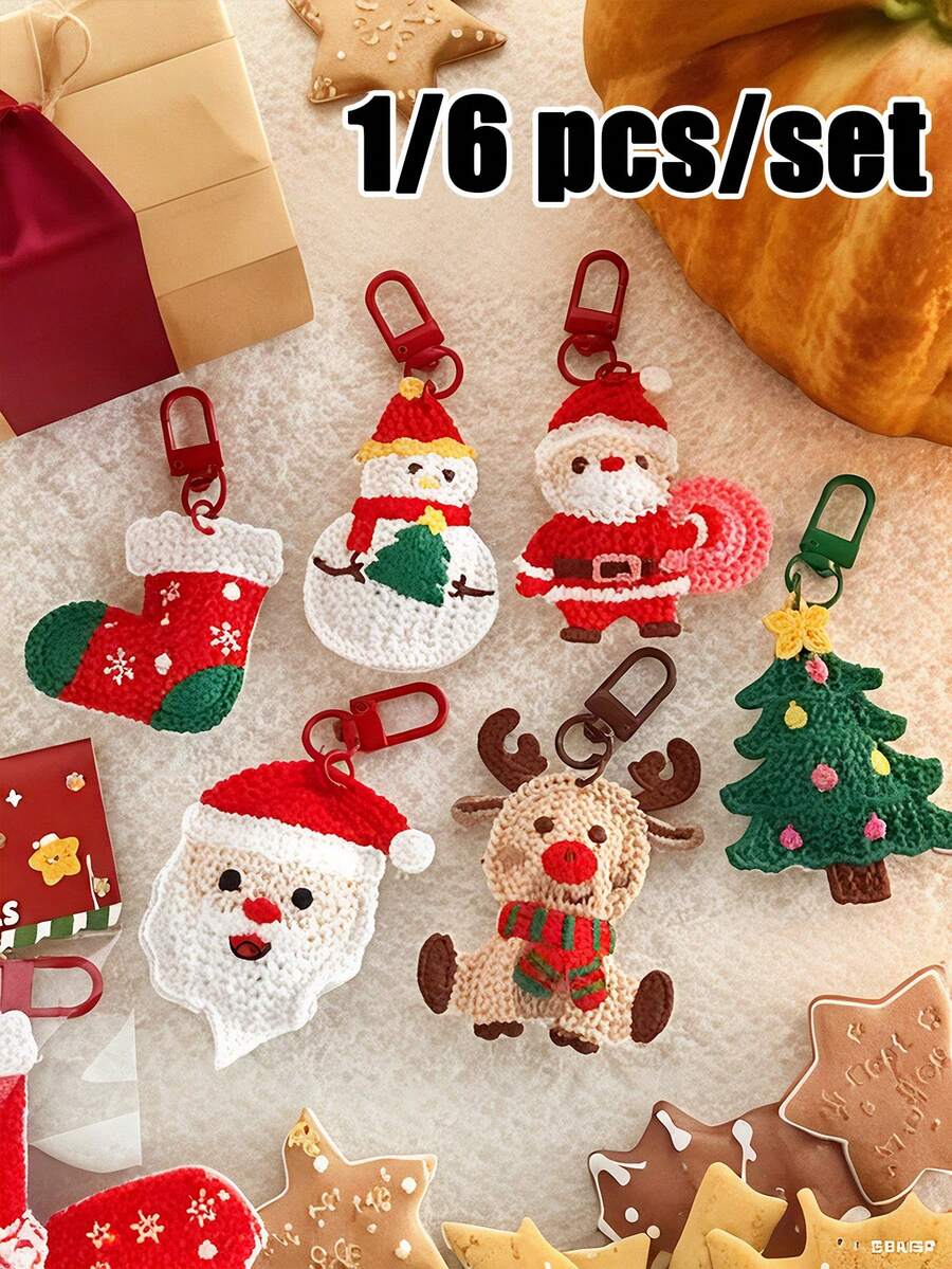 1/6 Stück/Set Weihnachtsdekoration gewebter Anhänger Mädchen Schlüsselanhänger vielseitig hängend, süßer Weihnachtsmann Anhänger, süßer Weihnachtsmann Elch Schlüsselanhänger vielseitig als Tasche Anhänger, süß und einfach gewebter Weihnachtsanhänger, multifunktionaler DIY Schlüsselanhänger/Tasche Anhänger Set, geeignet als Geschenkidee für Paare, Taschenzubehör, Ausweise, Autoschmuck, Taschenanhänger