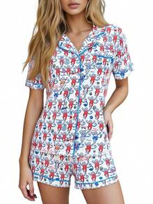 Women Y2k Pajamas Set Cute Heart Rabbit Short Sleeve Button Down Shirt Silk Satin Pjs Shorts Set Preppy Sleepwearhalloween - Y Monkey White - View 12