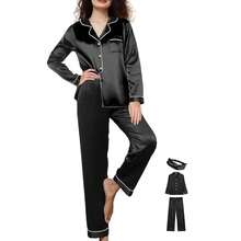 Womens 3Pcs Satin Pajamas Set Silk Pajama Sets XS-3XL Long Silky Pj Sets Nightwear Pjs Set Sleepwear Loungewear{"Color_name":"Black","Size_name":"Large"} - 多色2 - 查看 1