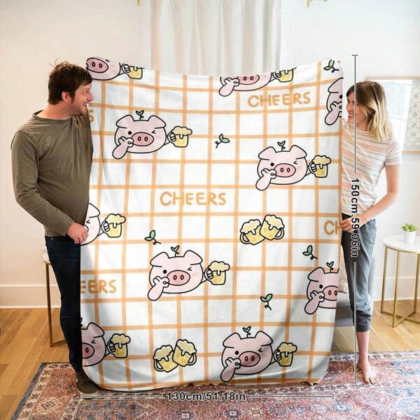 1pc Soft & Cozy Cartoon Animal Theme Flannel Throw Blanket, Featuring Cute Pig & Beer Pattern Design, Versatile Use For Sofa, Bed, Car, Office, Camping, Perfect Gift For Family & Friends