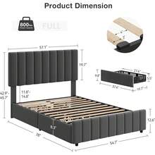 Marco de cama tapizado completo con 4 cajones de almacenamiento, Plataforma de cama de tamaño completo de terciopelo con cabecera ajustable de lino, Soporte de láminas de madera, No se necesita muelle de caja, Gris - Gris - Ver 2