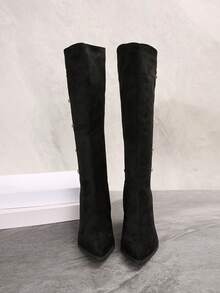 New Arrival Vintage Sexy Slim Chunky Heel Back Zipper Design Knee-High Boots For Women, Pointed Toe Mid-Calf Personalized Street Rider Boots, Versatile Elegant