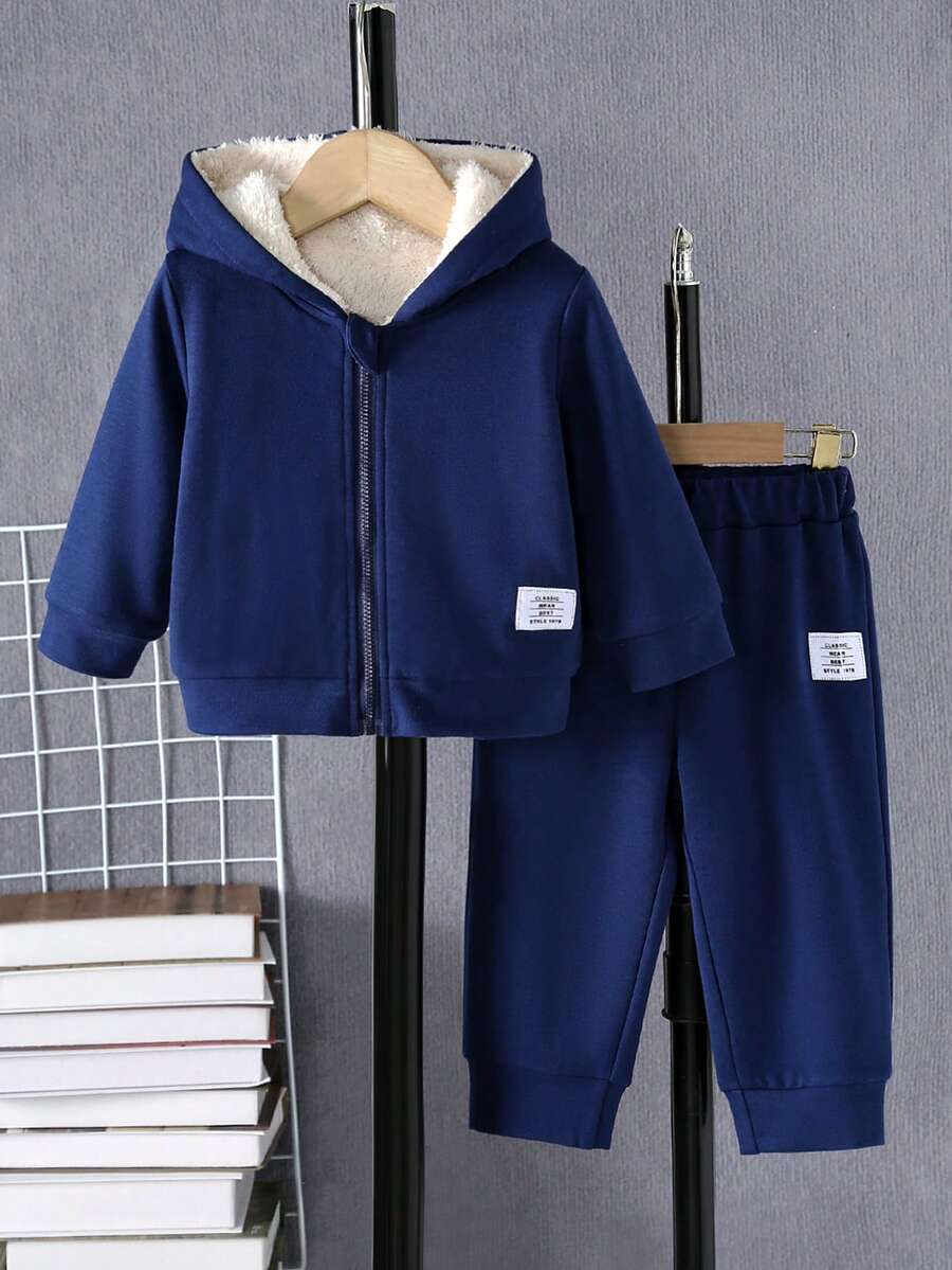 Baby Boy Black Thermal Lined Sherpa Casual Sweatshirt Set, Autumn/Winter - Navy Blue - View 1