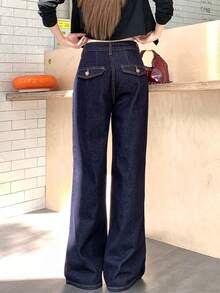 Women's Navy Blue Straight Leg Casual Jeans With Unique Back Pocket Design, Straight Leg Pants Spring - Dark Blue - View 5