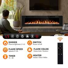 72 Inch Electric Fireplace Inserts Ultra - Thin 750/1500W Electric Fireplace Heater Freestanding Wall Mounted Or Recessed With Adjustable Multicolor Flame And Timer - US B Type Plug(110-127V) - View 7
