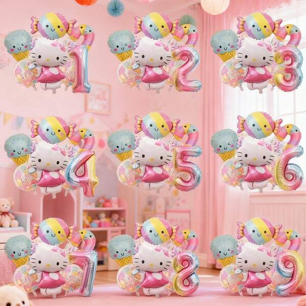 بالون ألومنيوم كرتوني من سانريو هالو كيتي القطة الجميلة، مجموعة بالونات أرقام حلوى لحفلة عيد الميلاد، ديكور لحفلة عيد الميلاد