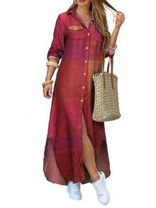 Loose Shirt Dress With Button And Printed Pockets - 酒紅色 - 查看 2