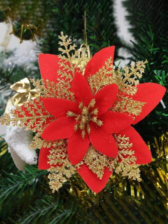 1/10 件带闪光的圣诞一品红花朵，带夹子的人造一品红圣诞花朵，圣诞树装饰，DIY 花环，家居装饰，婚礼派对，圣诞礼物，圣诞节和新年节日装饰（红色）