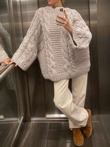 百搭宽松针织纹理圆领毛衣，时尚简约超大麻花针织套头衫，通勤优雅度假休闲装上衣，适合各种场合#KnittedSweter - 杏色 - 查看 3