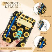 Sunflower Credit Card Holder Small Wallet Women, Flowers Slim RFID Blocking Wallet Woman Keychain With Zipper Coin Pocket, Front Pocket Thin Travel Card Case With ID Window For Ladies Gifts{"Color_name":"Sunflower"} - 多色4 - 查看 7