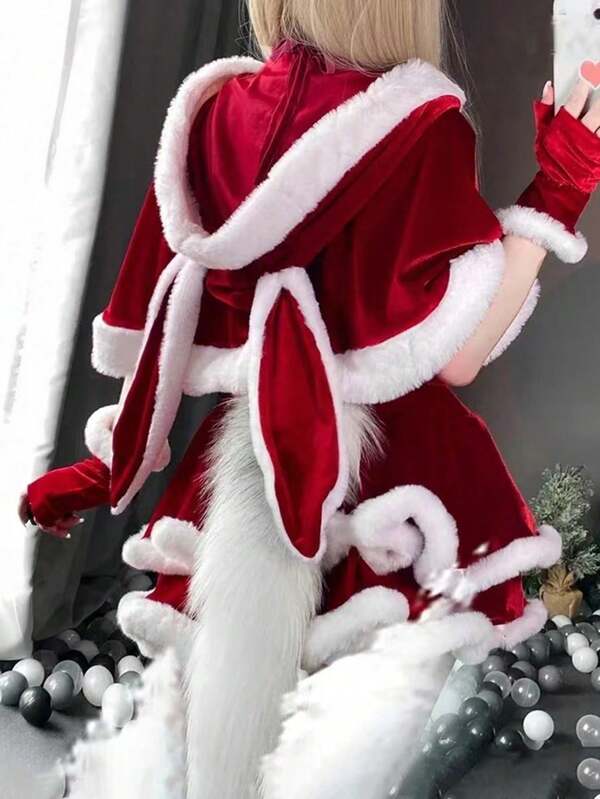 1 Piece Of Christmas Carnival Party Performance Cute Rabbit Ear Cape Costume Props, Warm And Windproof Festival Costume, Suitable For Parties, Role-Playing, Stage Performances - Machine Washable, Christmas Clothing, Festival Design, Warm Fabric