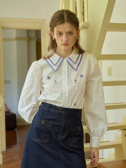 Simple Retro Damblus i chiffong med tryckt mönster i vitt och lila, söt och mjuk sommarstil