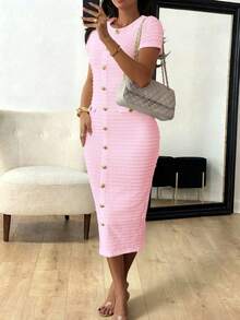 Unadoll Women's Short Sleeved Round Neck Zipper, Fake Buckle Design, Slit, Elegant Temperament Pink Winter Dress, Suitable For Dates, Commuting, Weddings, Christmas, Thanksgiving Wearing