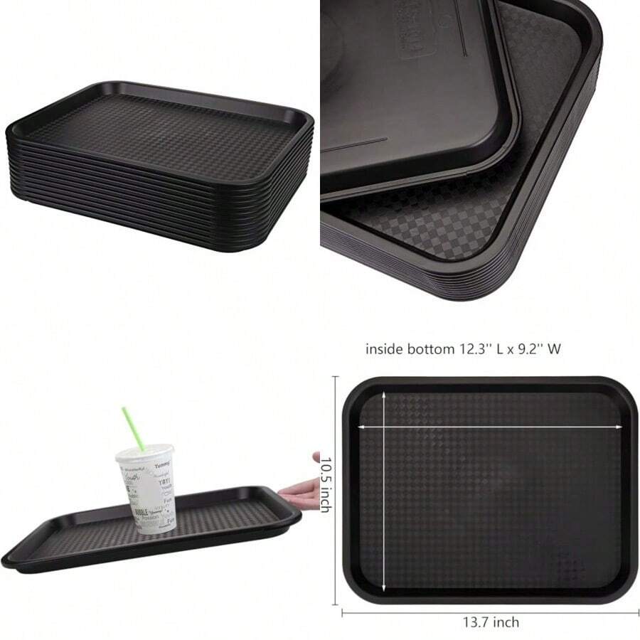 12 Pack Fast Food Tray 13.7 X 10.5 Inch Plastic Restaurant Serving Tray Cafeteria Tray For Coffee Table Party Black