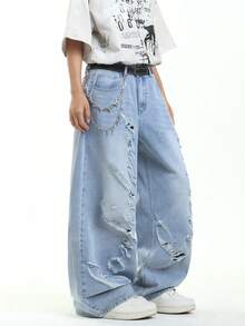 1 chiếc quần jeans ống rộng rách laser hiệu Hearty Haven dành cho nam, kiểu dáng thời trang, thoải mái, phù hợp cho mọi mùa (Không bao gồm thắt lưng hoặc phụ kiện) - Rửa nhẹ - Xem 7