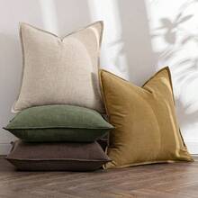 Neutral Linen Pillow Covers Pack Of 4 Decorative Natural Solid Throw Pillow Covers Soft Accent Boho Farmhouse Couch Pillowcases Modern Home Decors Living Room Bed Sofa 18x18 Inch - 24 英吋 x 24 英吋(4 件裝)+ 中性綠/棕色 - 查看 3