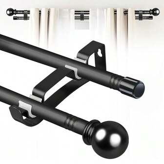 Double Curtain Rod, Double Blackout Curtain Rods For Windows 28 To 148 Inch Heavy Duty Bracket, 5/8 Inch Metal Dual Rods For Drapes And Curtains, Adjustable Sections, Decorative Finals