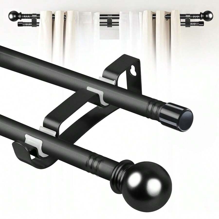 Thanh treo rèm hai lớp, dài từ 28 đến 148 inch, giá đỡ kẹp chắc chắn, thanh đôi bằng kim loại 5/8 inch dành cho rèm cửa, các đoạn thanh có thể điều chỉnh, đầu trang trí.