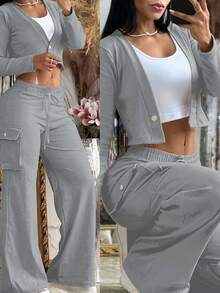 Summer 2pcs/Set Women Fashion Popular Light Gray V-Neck Button-Up Top Pants With Drawstring Waist | Elegant Casual Y2K Style Lightweight & Comfortable Fabric, Vacation Outfits For Women - 淺灰色 - 查看 3