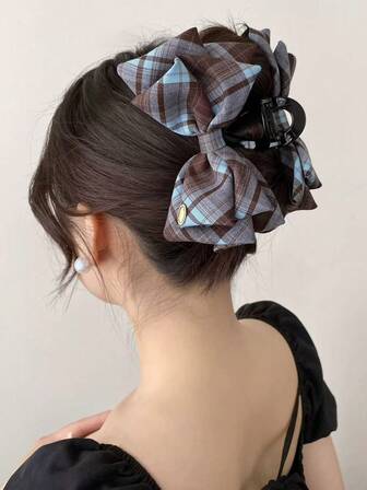 1 件复古格子撞色蝴蝶结装饰发夹，经典复古面料女士发夹，秋冬爪夹冬季发饰冬季发夹