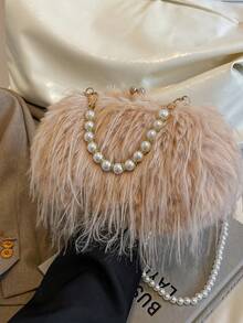 Bolso de hombro versátil para mujer con solapa de cadena esponjosa en color caqui, para uso diario y bolsillo para teléfono