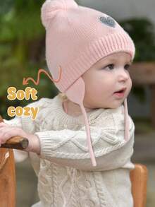 1 chiếc mũ len cho bé gái, có quả bông bảo vệ tai, lớp lót giữ ấm, mũ len mùa đông, mũ beanie cho trẻ sơ sinh. - 1PC - Xem 2
