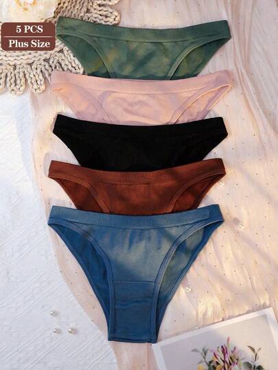 5pcs/Pack Plus Size Women's Sexy Panties, Basic Solid Color Comfortable Knitted Low Waist Soft Thong, Suitable For All Seasons And Daily Wear