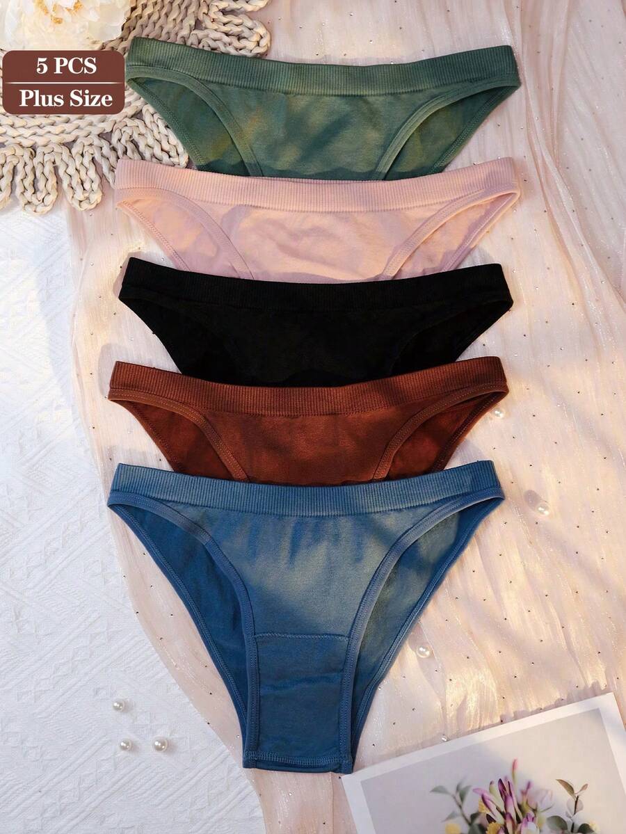 5条/包 大码女士性感内裤，基础纯色舒适针织低腰柔软丁字裤，适合所有季节和日常穿着 - 彩色 - 查看 1
