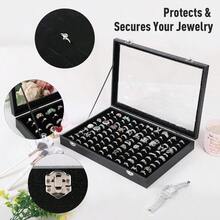 Pengup 100 Slots Ring Case Organizer Display BoxRings Holder Storage Boxes For Jewelry Showcase With Glass Lid Black Velvet .