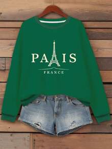 2025Women's Plus Size Paris Eiffel Tower Graphic Sweatshirt - Heather Gray Casual Long Sleeve Round Neck Pullover, Machine Washable Autumn Winter French-Inspired Top, Everyday Comfort Apparel |   Opaque MaterialSoft And Breathable - 綠色 - 查看 7
