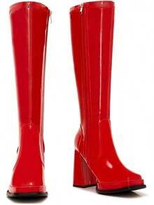 Wide Calf Plus Size Women's 70s Gogo Tall Knee High Square Toe Chunky Heel Retro Fashion Vintage Boots - 紅色專利 - 查看 4