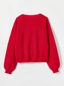 BuyK Áo cardigan len dệt kim nữ size lớn màu trơn, tay dài, chi tiết thắt nút, buộc trước, vạt mở, phong cách tối giản công sở Old Money - Đỏ - Xem 3