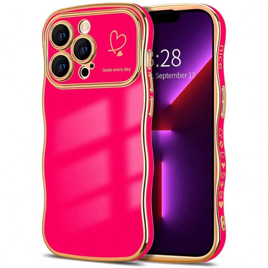 For IPhone 13 Pro Max Case Wave Wavy Phone Cases With Love Heart, Luxury Plating Edge Cute Curly Shape Cover For Women Girls, Thin Slim Soft TPU Rubber Shockproof Protective Cover, Hot Pink{"Color_name":"HotPink","Size_name":"ForiPhone13ProMax-6.7inch"} - 多色1 - 查看 1