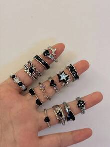 Juego de 13 anillos de cristal ajustables con diseños geométricos asimétricos, vintage y con forma de lazo y corazón, en color rosa, para mujeres y niñas, nuevo regalo de joyería de moda - negro - Ver 9