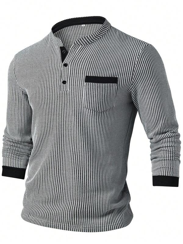 Men's Textured Striped Stand Collar Long Sleeve Casual Henley Shirt, Breathable Fabric, Machine Washable, Suitable For Outdoor And Office Daily Wear, Multifunctional Garment, Quality Fabric, Lightweight Material, Fashionable