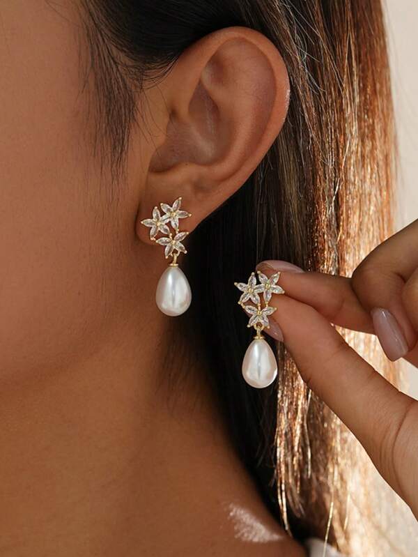 زوج من أقراط الخرز والزركونيا المطلية بالذهب الفاخرة - مثالية للارتداء اليومي، والحفلات، والتجمعات، والزفاف - أقراط اللؤلؤ العروس (ألوان وأنماط عشوائية)