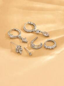 1 Bộ 6 khuyên tai Zirconia lấp lánh, đinh tán & kẹp, Bộ trang sức thời trang & thanh lịch dành cho nữ, Thích hợp cho tiệc tùng, ngày lễ, hẹn hò hoặc đám cưới - Bạc - Xem 4