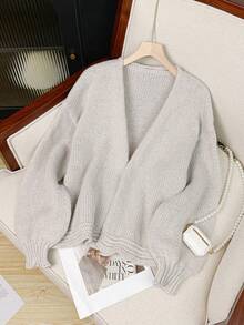 Áo khoác cardigan dáng rộng hở trước màu trơn thanh lịch dành cho nữ, vai trễ và tay bồng, áo khoác len dệt kim polyester có gân, thích hợp mặc hàng ngày và hẹn hò vào mùa thu/đông - Màu xám bạc - Xem 3