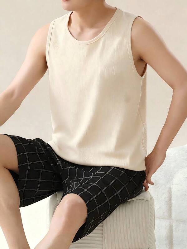 AICJ 2pcs Men Solid Color Casual Loose Basic Crew Neck Sleeveless Top And Plaid Shorts Pajama Set, Suitable For Spring And Summer Loungewear