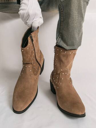 加大码男士切尔西靴，侧拉链，高跟踝靴，西部牛仔摩托车靴，复古风格