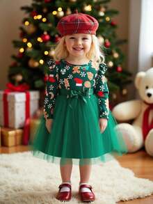 Vestido de bebé niña con volantes, estampado de muñeco de nieve y copos de nieve, patchwork de malla y cinturón para Navidad - Verde - Ver 3