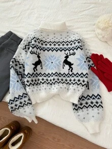 Christmas Snowflake & Reindeer Jacquard Knit Pullover Sweater, Casual Daily Wear, Autumn/Winter - White - View 3