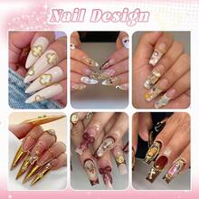 1-3MM Small Nail Beads Metal Caviar Bead Silver Gold Nail Charms And Gems Ball, Nail Chain Nail Art Accessories Supplies Gold Rhinestones Women Manicure - 07 金色釘珠配釘鏈 - 查看 3