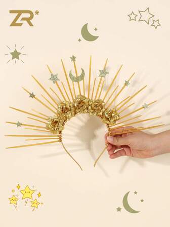 1pc Women Golden Flower Headband With Shiny Stars And Moon, Elegant Fashion Hair Hoop Women Hair Accessory, Beauty, Hair Band, Hairband For Women