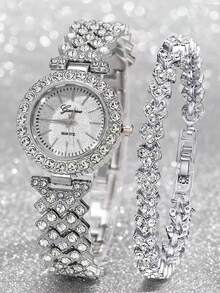 Bộ 2 món gồm đồng hồ thạch anh pha lê thanh lịch và vòng tay hình trái tim đính kim cương, thời trang, tối giản, sang trọng dành cho nữ, thích hợp cho các dịp lễ, tiệc tùng, đám cưới, họp mặt và đeo hàng ngày, món quà tuyệt vời nhất dành cho phụ nữ. - Bạc - Xem 5