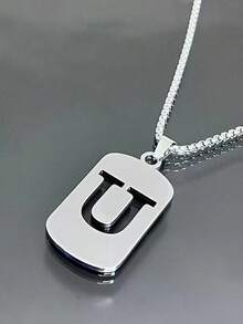 1 Piece Fashionable And Personalized Geometric Square Necklace With 26 English Letter Pendant Made Of Stainless Steel, Simple And Versatile Accessory Foromen And Men