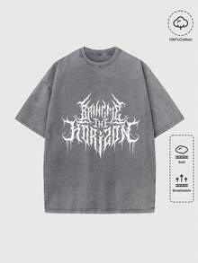 Bring Me The Horizon Logo Men's Halloween Vintage Washed T-Shirt,Casual Round Neck Short Sleeve Retro 230g Pure Cotton Graphic Tee,For Gifts,Y2K,Street Wear - 灰色 - 查看 1