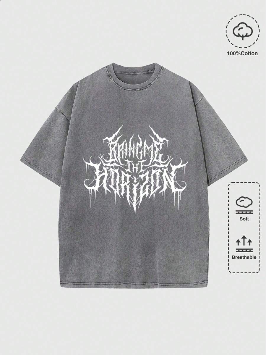Bring Me The Horizon Logo Men's Halloween Vintage Washed T-Shirt,Casual Round Neck Short Sleeve Retro 230g Pure Cotton Graphic Tee,For Gifts,Y2K,Street Wear - 灰色 - 查看 1
