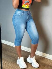 Women Stylish Single-Breasted Capri Jeans, Casual Style, Stretchy Denim Tapered Pants For A Variety Of Outfits - 淺色水洗藍 - 查看 3